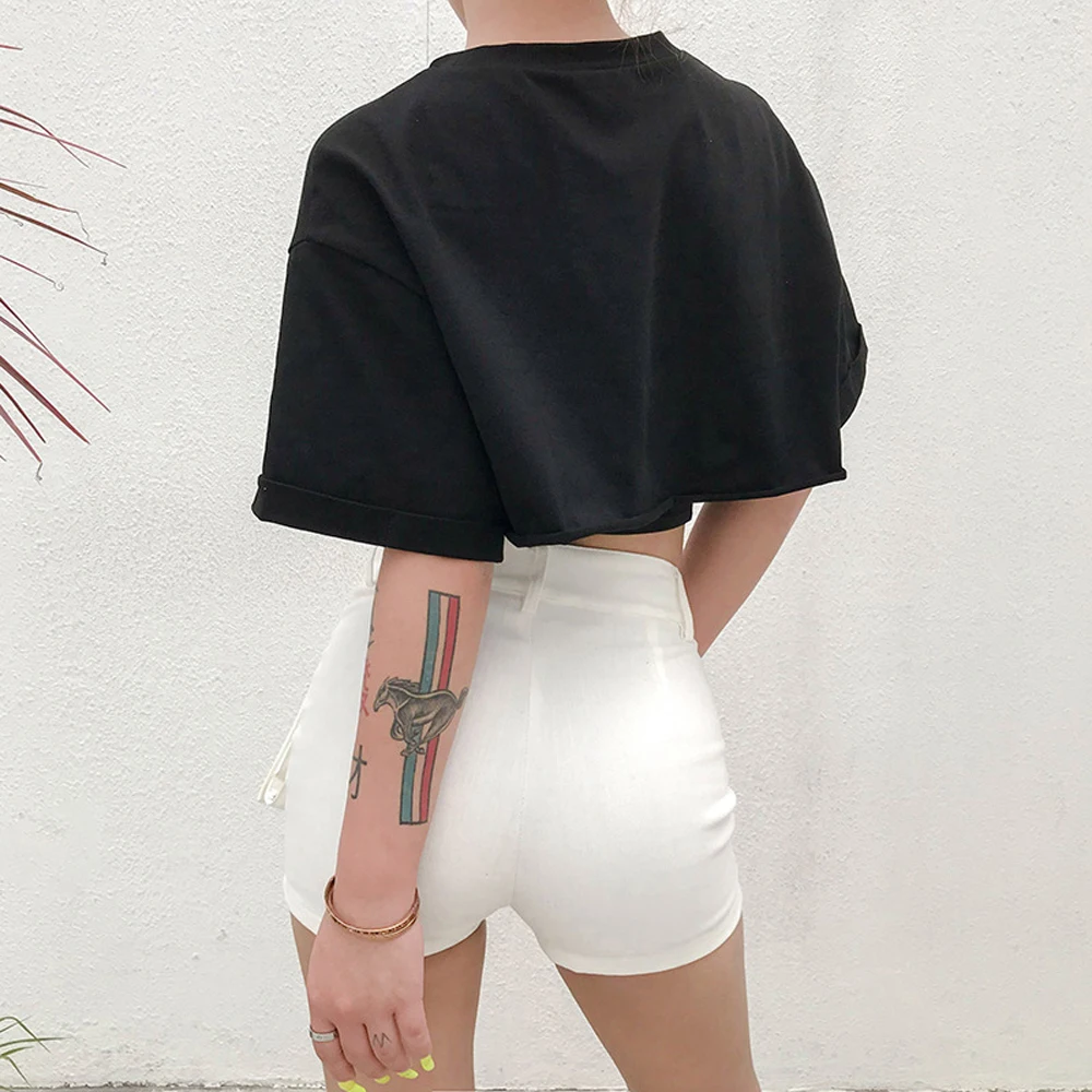 Женская летняя футболка с коротким рукавом принтом черная свободные короткие
