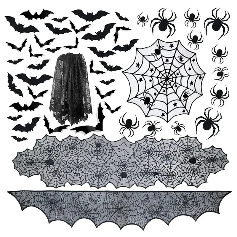 

6 Pack Halloween Tablecloth Halloween Fireplace Mantel Scarf & Round Table Cover & Lace Table Runner & Cobweb Lampshade