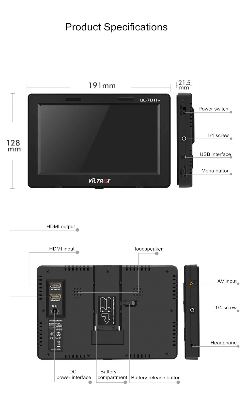 Viltrox 7 ''DC-70 II 1024*600 HD ЖК HDMI AV вход камера видео монитор дисплей полевой монитор для Canon Nikon DSLR BMPCC
