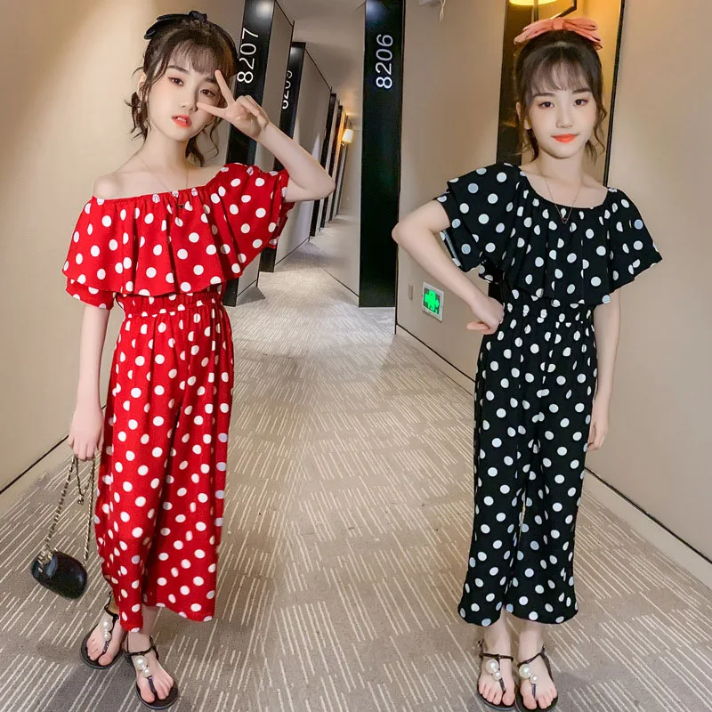 

Black Red Dot Chiffon Jumpsuits Teenage Girls Ruffles Loose Trousers For Kids Wide Leg Pants Girl Summer Clothing 4 5 6 7 8-16Y