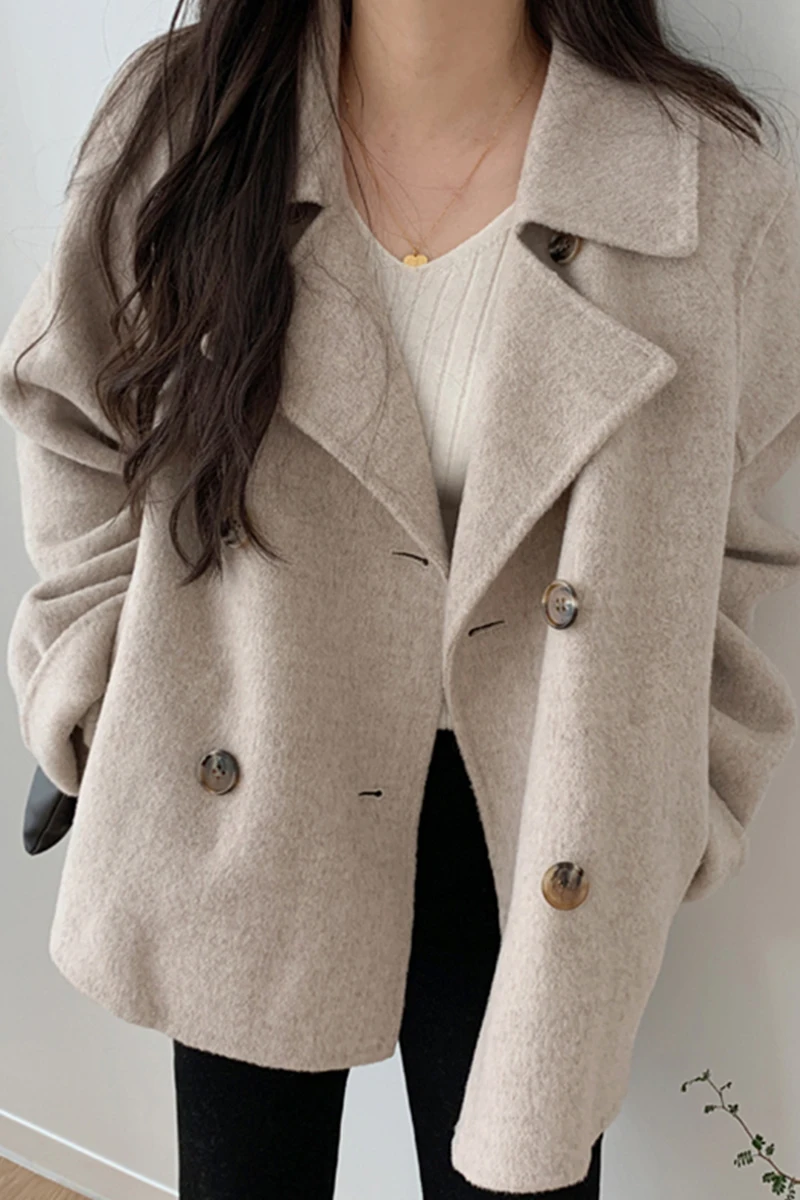 

Autumn Winter Beige/Brown Warm Coat Women Vintage Elegant Double Breasted Turn-Down Collar Long Sleeve Loose Blends Casual Coats