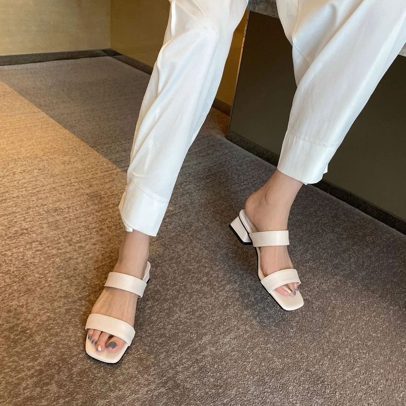 

SmllHut Summer Women Outside Slippers Microfiber Sexy Lady Mid Thick Heels Fashion Woman White Brown Square Open Toe Shoes M104