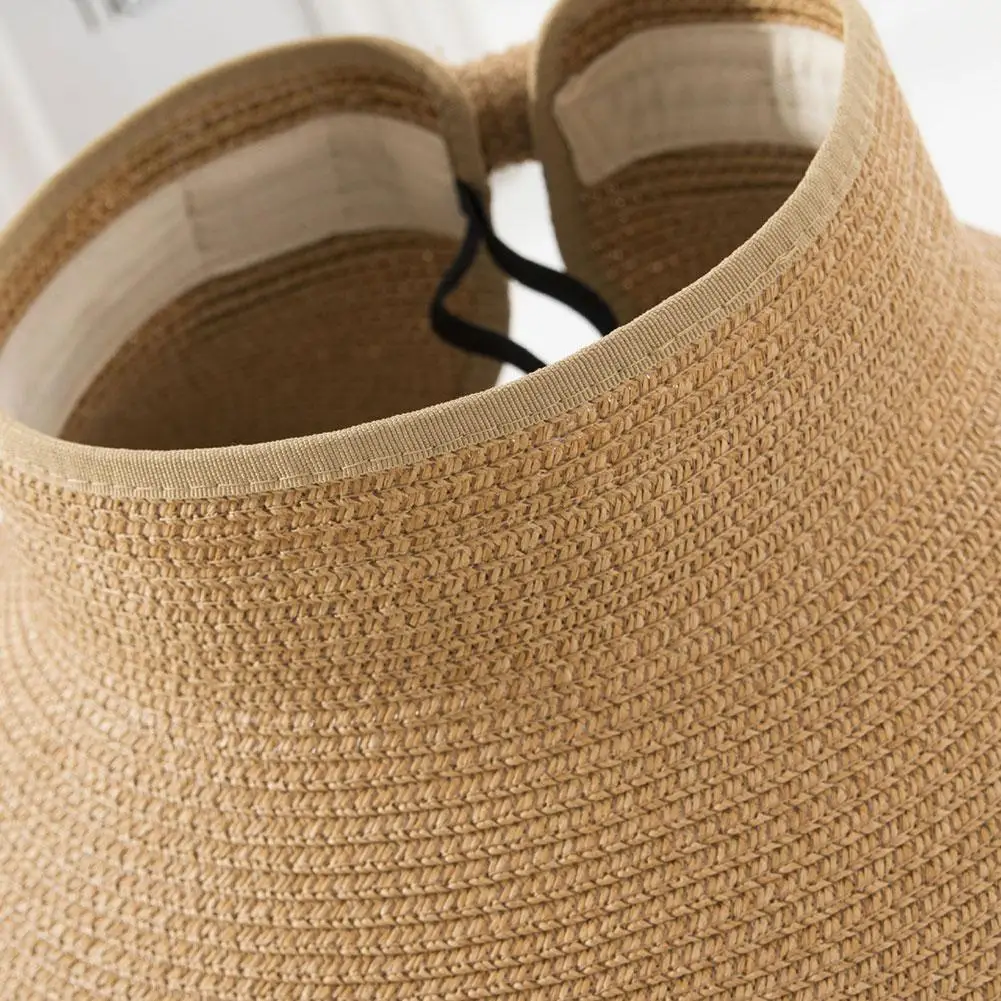

2021 Summer Empty Top Bow Tide Visor Sun Hat High Quality Uv Protection Breathable Straw Large Brims Hats For Women