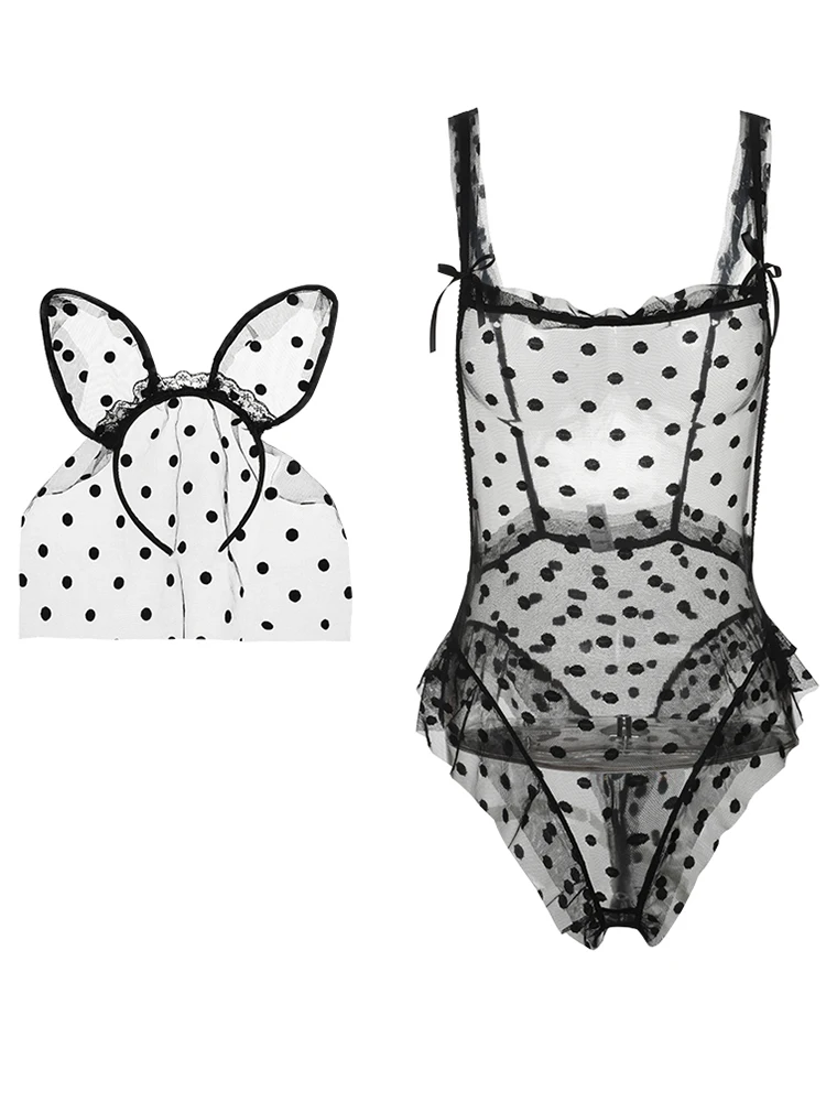 Эротическое нижнее белье в горошек Ночная Пижама-комбинезон с кроличьими ушками