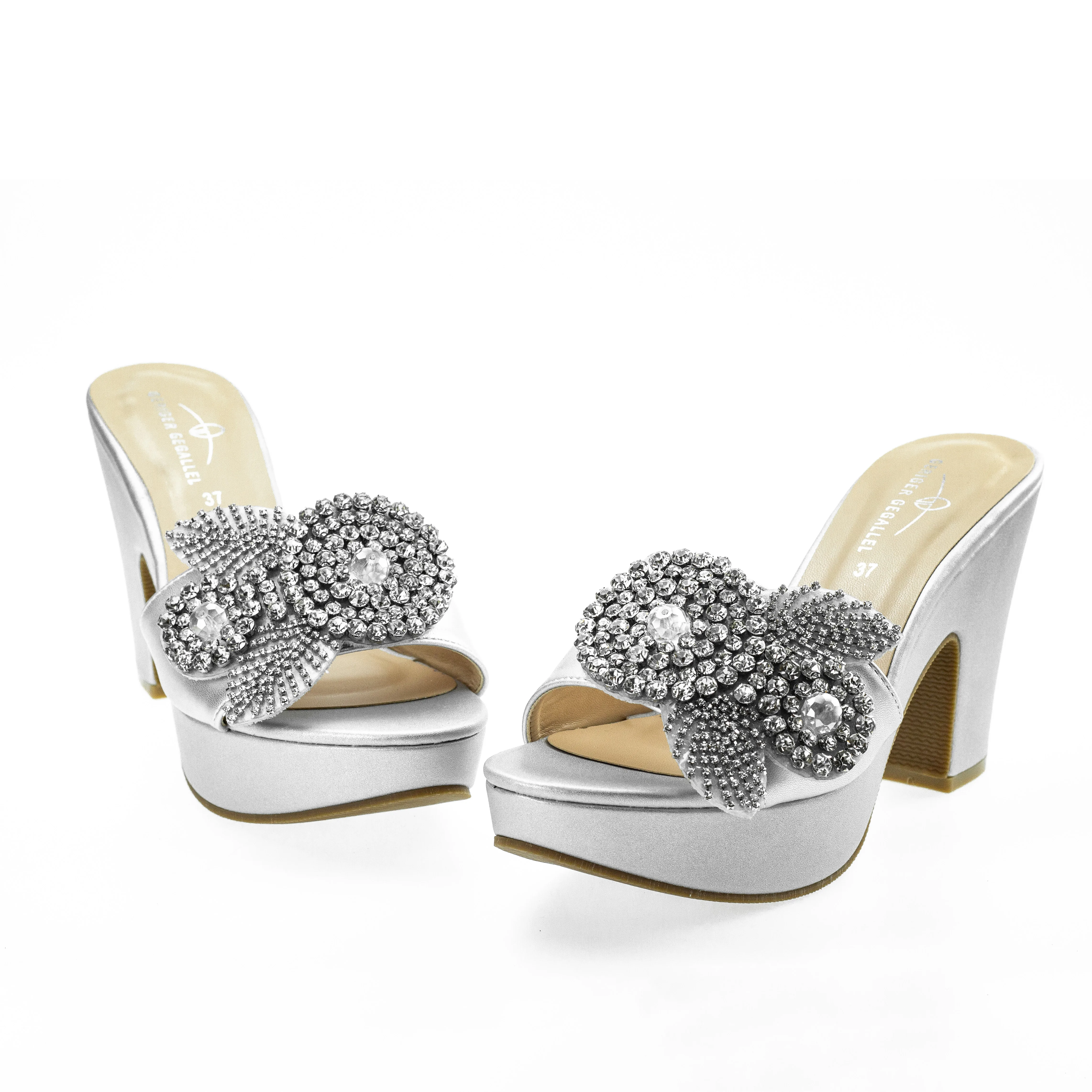 Floral Decor Chunky Women Mules Sandals Silvery Ladies Platform Shoes 6245-34 Plus Size 41 42 Party Dress Pumps Sqaure Heel Shoe