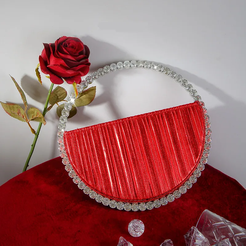 

Diamond Circular Evening Bag Women Round Handle Rhinestone Dinner Clutch Purse Ladies Half Moon Handbag Fashion