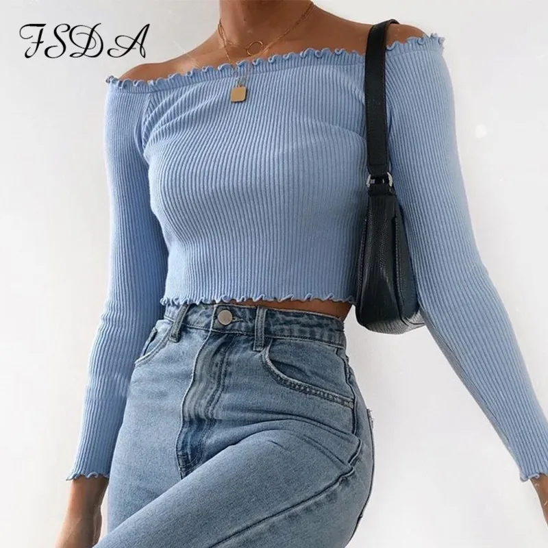 Женский укороченный Топ с длинным рукавом FSDA повседневная трикотажная футболка