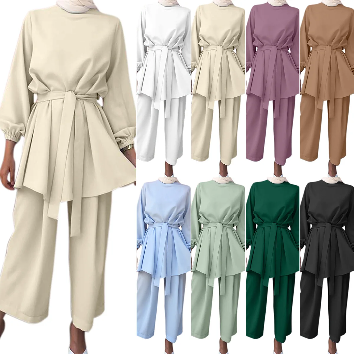 

8Colors Muslim Abaya Dubai Turkey Dress Kaftan Caftan Chiffon Islamic Suit For Woman Musulmane Ramadan Shirt With Belt Fashion