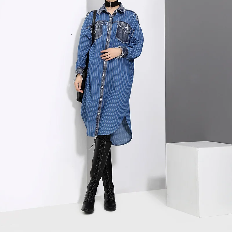 [EAM] женское джинсовое платье в синюю полоску большого размера новое свободное с