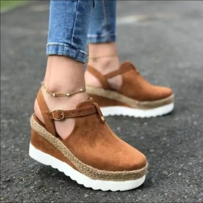 

Women's Sandals Vintage Wedge Shoes Woman Buckle Strap Straw Thick Bottom Flats Platform Sandals Flock Female Shoes Summer 2021