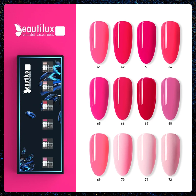 Beautilux Nail Gel Polish Kit Hot Rose Neon Pink Color Salon Nails Art Gels Varnish Lot UV LED Nail Lacquer 10ml x 6pcs set