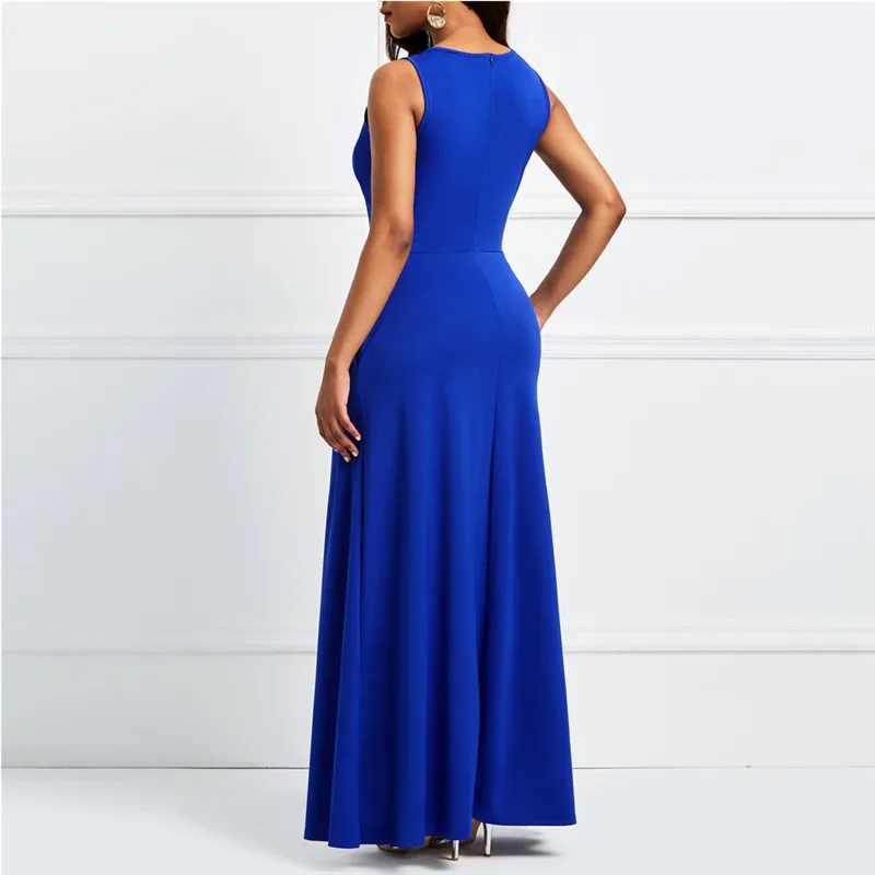 Elegant Summer Fashion Women Blue Maxi Dress 2020 Casual Sleeveless O-neck Single Breasted | Женская одежда
