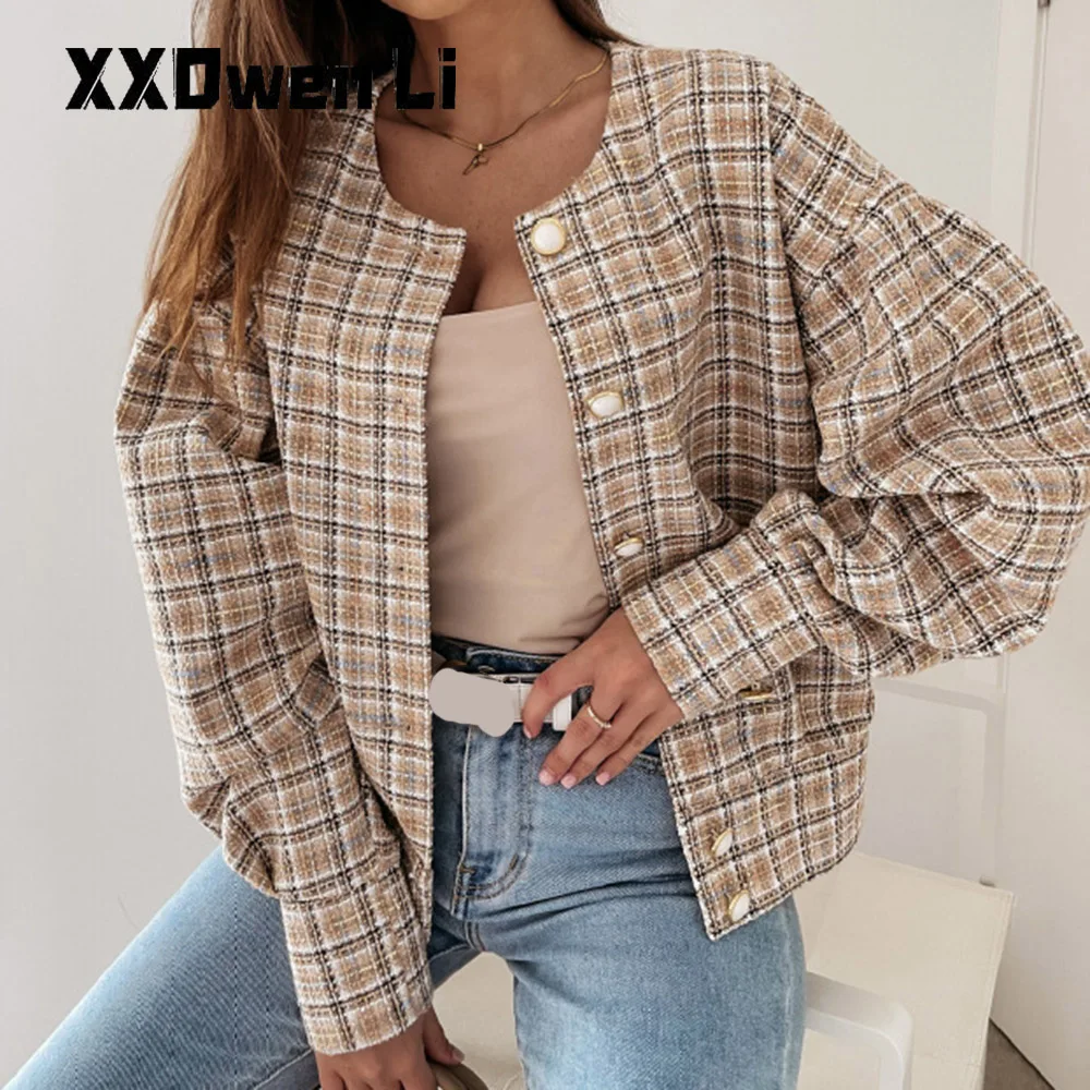 

Осенняя женская короткая куртка в клетку, универсальная куртка с длинным рукавом, Женская Весенняя модная клетчатая верхняя одежда на пуго...