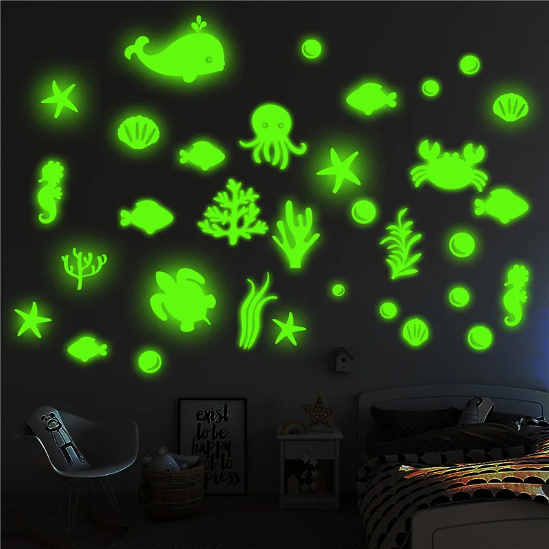 Светится в темноте и морскими рыбками наклейки с акулами настенные для детской