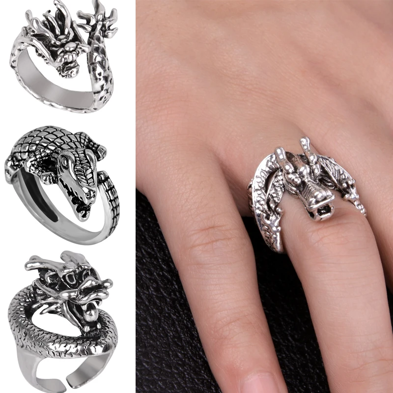 

Retro Punk Dragon Crocodile Hip Hop Ring for Men Women Exaggerated Antique Sliver Color Opening Adjustable Rings Jewelry Gift