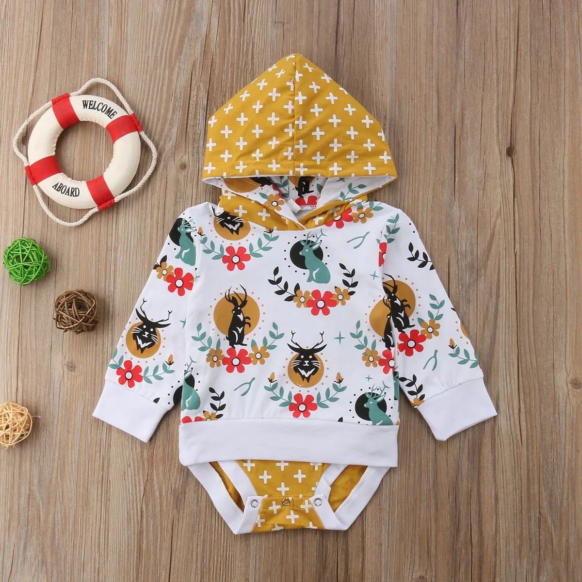 

Newborn Baby Girls Romper, Spring Autumn Long Sleeve Floral Print Patchwork Hooded Jumpsuit