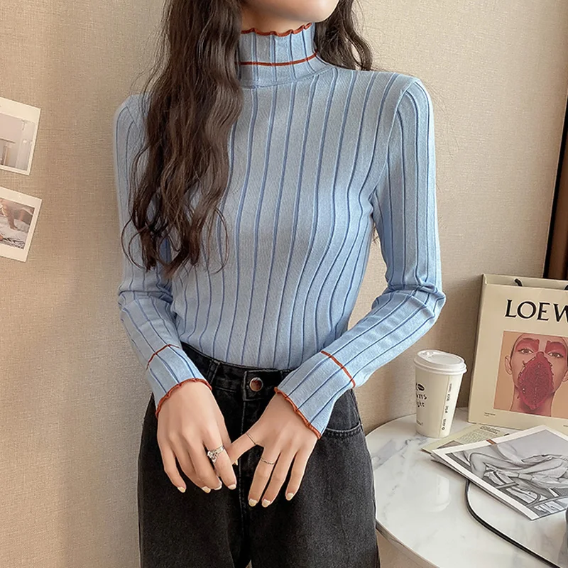 

Модный женский свитер с высоким воротником, Женский однотонный пуловер с длинным рукавом, сезон осень-зима 2021, повседневный синий джемпер, о...