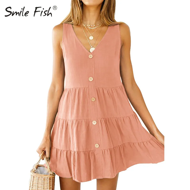 Женский сарафан трапеция без рукавов с рюшами и пуговицами|Женские платья| |