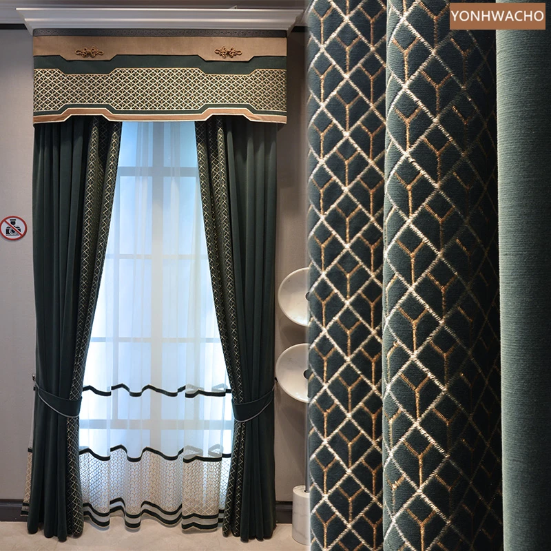 

Custom curtain luxury American retro dark green velvet living room bedroom thick cloth blackout curtain valance tulle drape C841