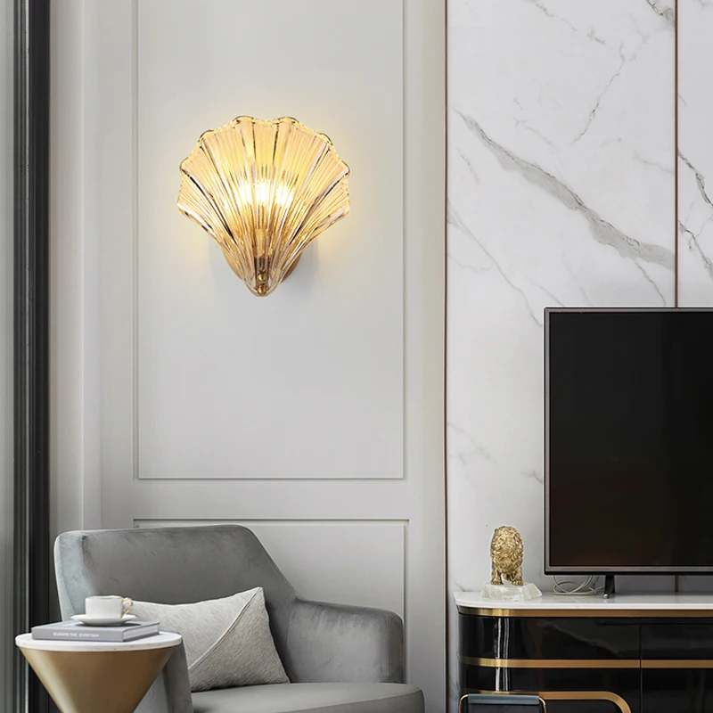 

Modern E14 Nordic Wall Lamp Tv Background Creative Glass Shell Wall Light Luxury Villa Bedroom Bedside Aisle Amber Sconce Lamp