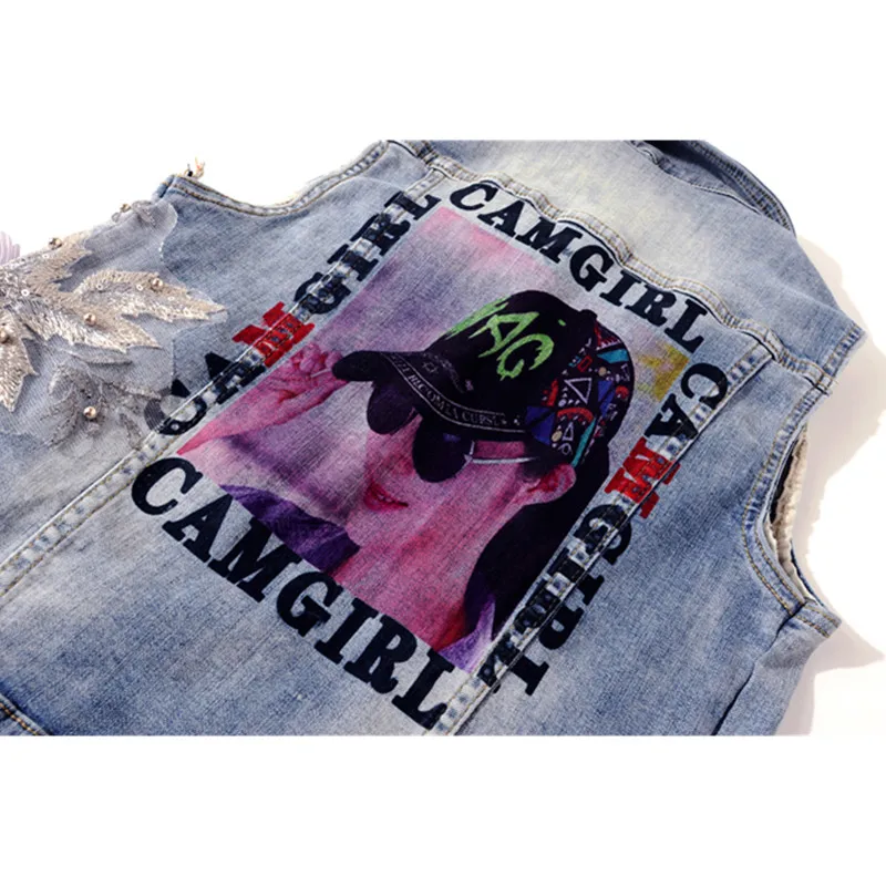 Летний новый модный короткий джинсовый жилет с аппликацией бриллиантов женский