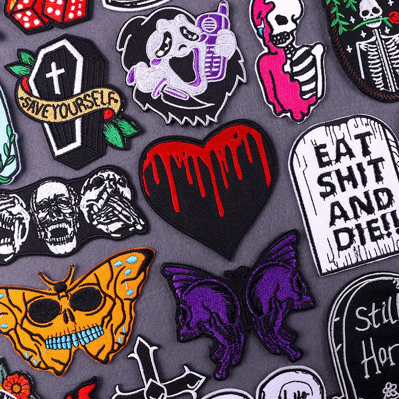 

Hippie Patch Butterfly Skull Embroidered Patches On Clothes Heart Coffin Iron On Patches For Clothing Stickers Badges Sewing DIY