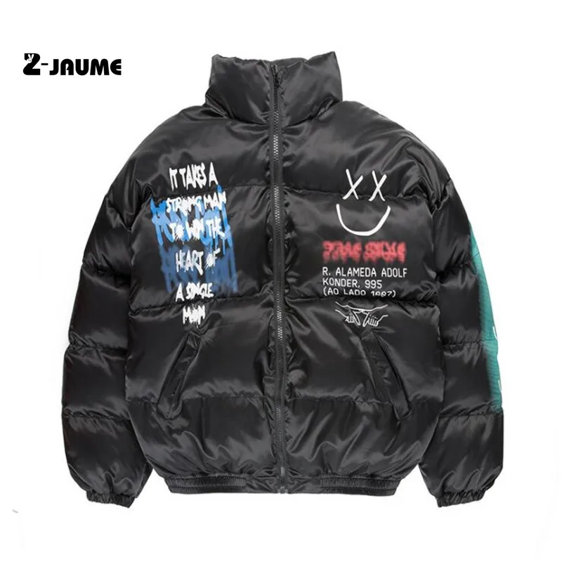2021 Hip Hop Thick Jacket Parka Happy Graffiti Print Men Windbreaker Streetwear Harajuku Winter Padded Jacket Coat Warm Outwear