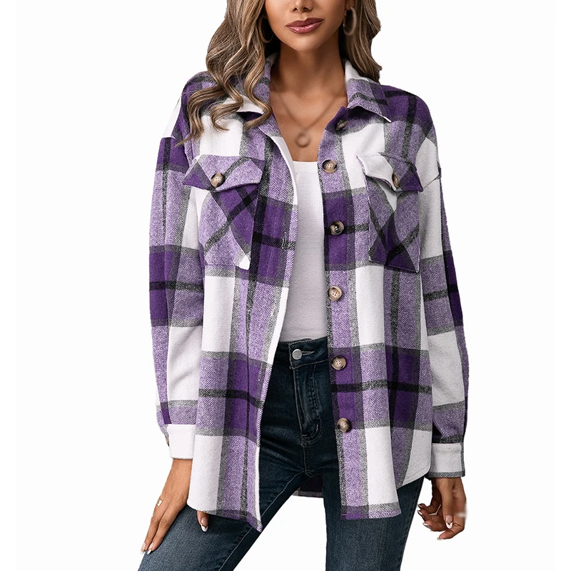 

Женская рубашка в клетку, с длинным рукавом и карманами