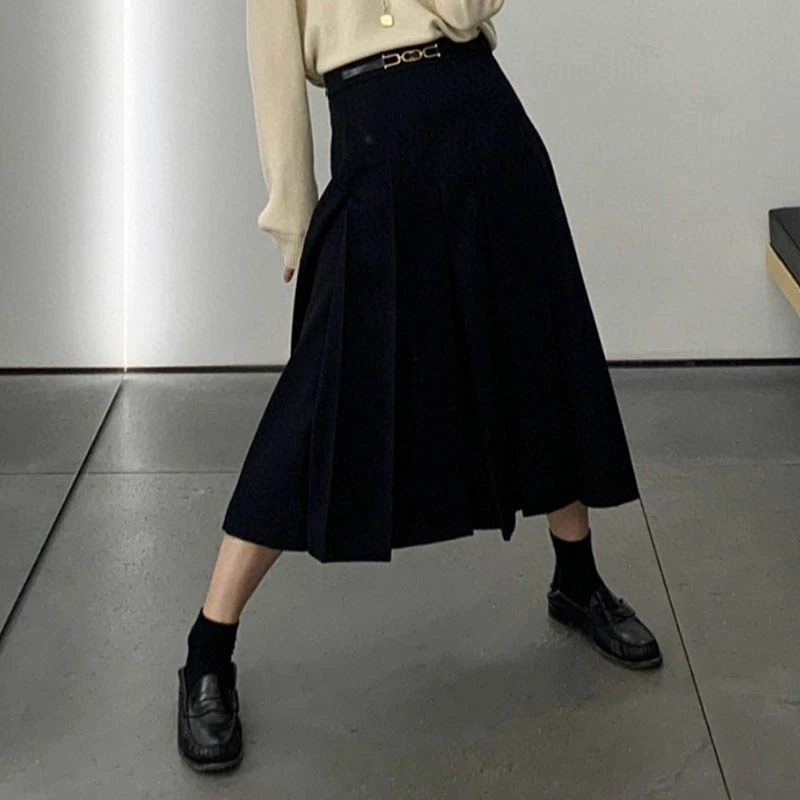 Cosmicchic 2020 Autumn Winter Wool Skirts For Women Midi Black Pleated Skirt High-Waist A-Line Ladies Skirt Golden Button