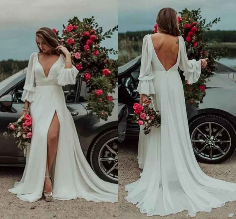 

2020 Simple Summer Garden Bohemain Bridal Wedding Dresses Split A Line Plunging Neck Long Sleeve Chiffon Boho Wedding Gowns