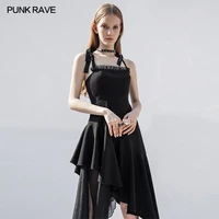 punk rave womens gothic daily backless elegant strap dress irregular hem lotus leaf lace decoration casual mid lenght dress