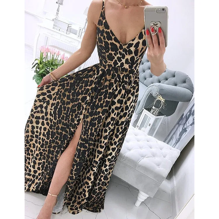 

Summer New 2021 Sexy Women Deep V-neck Sleeveless Club Party Maxi Dress Fashion Leopard Print Split Spaghetti Strap Dresses