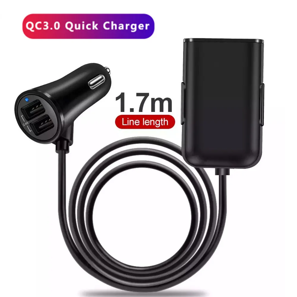 Durable Car Charger USB With Extension Cable 1.8A Power Ports Accessories