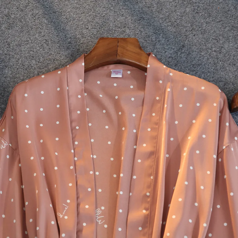 4 Pcs Set Women Sexy Ice Silk Pyjamas Polka Dot Print Middle Sleeve Chest Pad Suit Pajamas