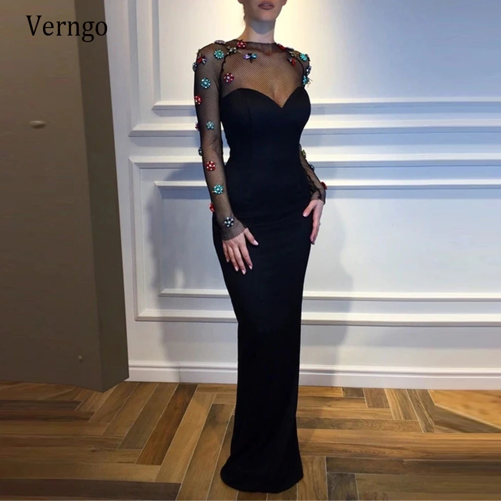 Verngo Modest Black Sheath Evening Party Dresses Long Sleeves O Neck Colorful Flowers Grid Floor Length Women Formal Prom Dress  - buy with discount