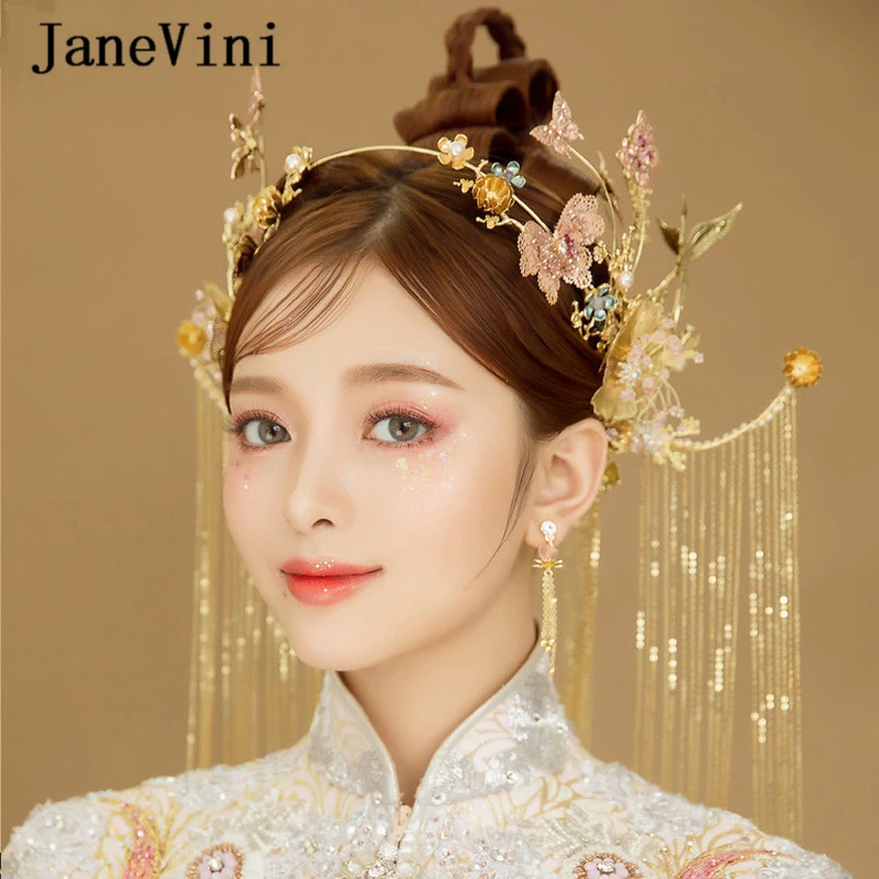 

JaneVini Traditional Gold Bridal Headdress Beaded Chinese Cheongsam Dress Hairpins Long Tassels Wedding Jewelry Hair Accessories