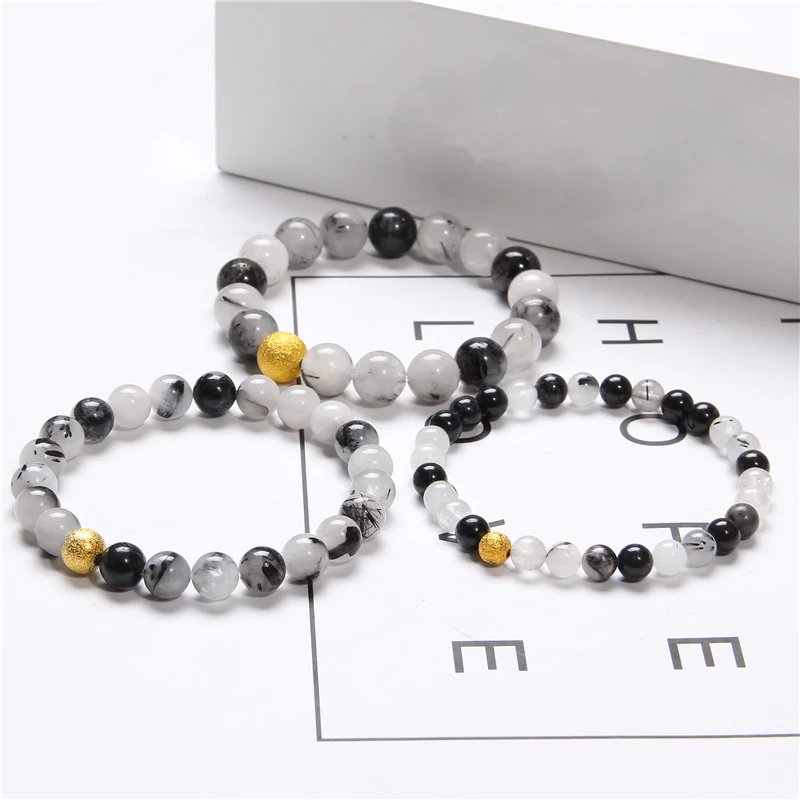 Браслеты из рутилированного кварца с золотыми бусинами для мужчин и женщин