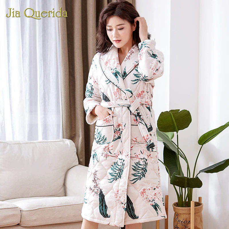

New Robes Woman Bathrobe White Floral Printing Lingerie Robe Plus Size Housecoat Woman Gown 3 Layer Padded Cotton Winter Kimono