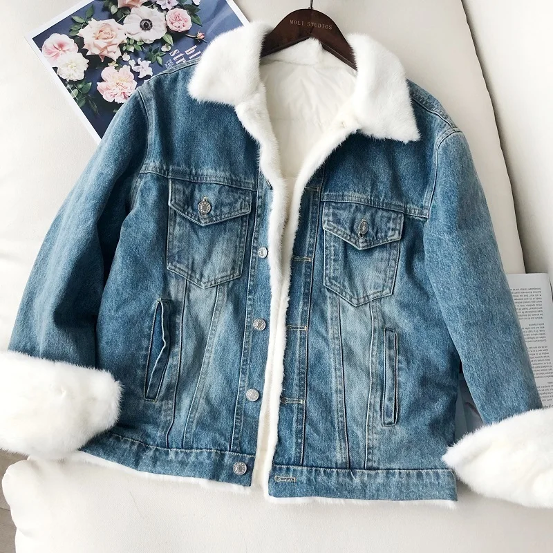 Winter leather Denim Jacket Women Real Natural mink Fur Coat Duck Down Thick Warm cowboy Parka casual luxury | Женская одежда