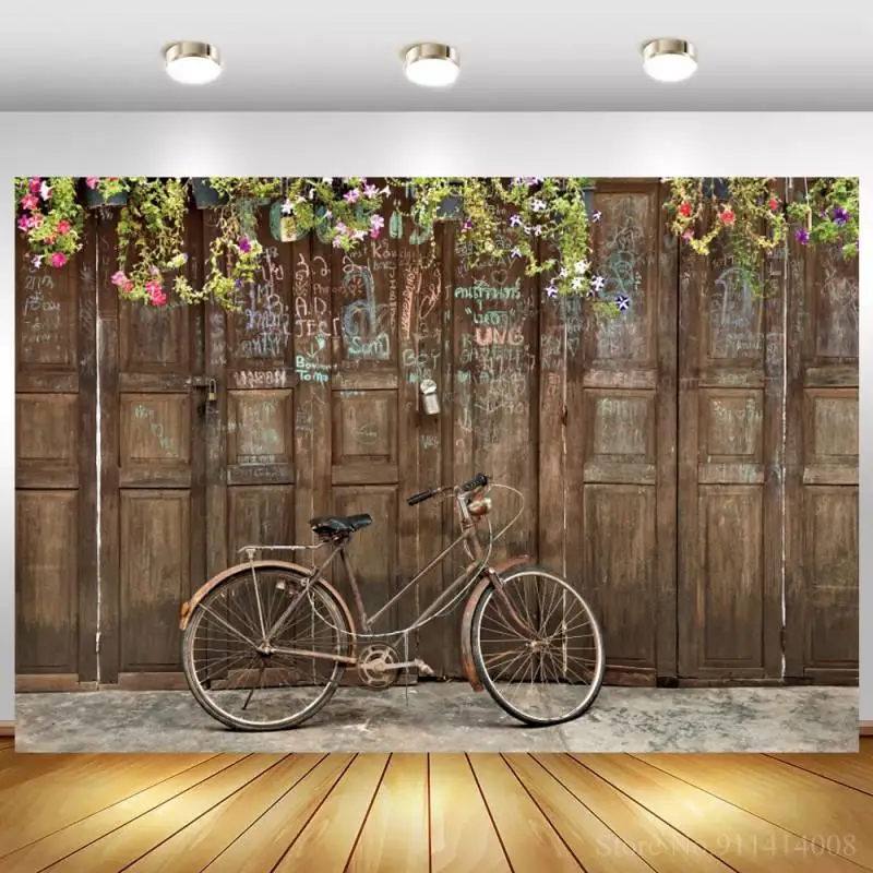 

Фотофон для фотосъемки с изображением старых деревянных дверей велосипеда девушки портретов Ностальгический стиль для студийной фотосъем...