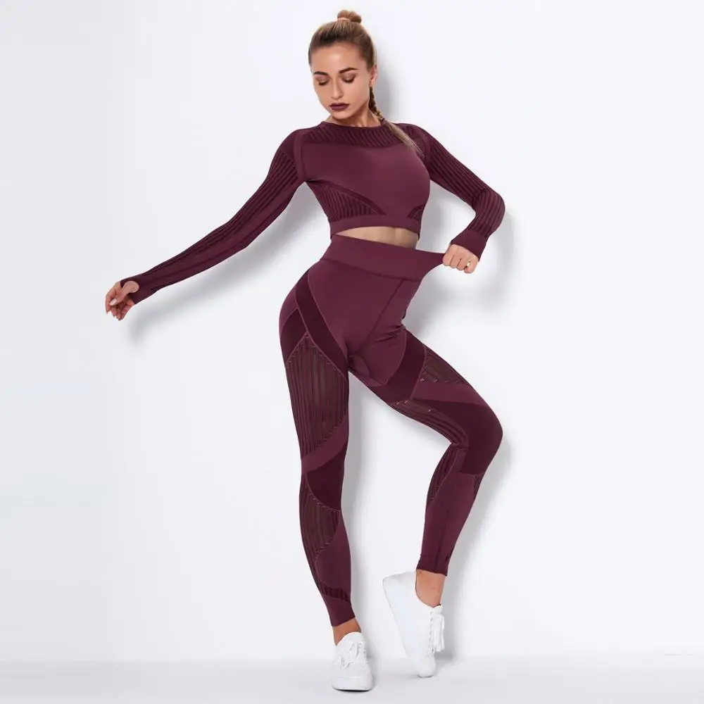 

2 pcs/set Seamless Women Sport Suit Gym Workout Clothes Long Sleeve Fitness Crop Top And Scrunch Butt Leggings Yoga Set