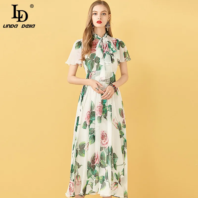 LD LINDA DELLA модное подиумное летнее шифоновое длинное платье для женщин в винтажном
