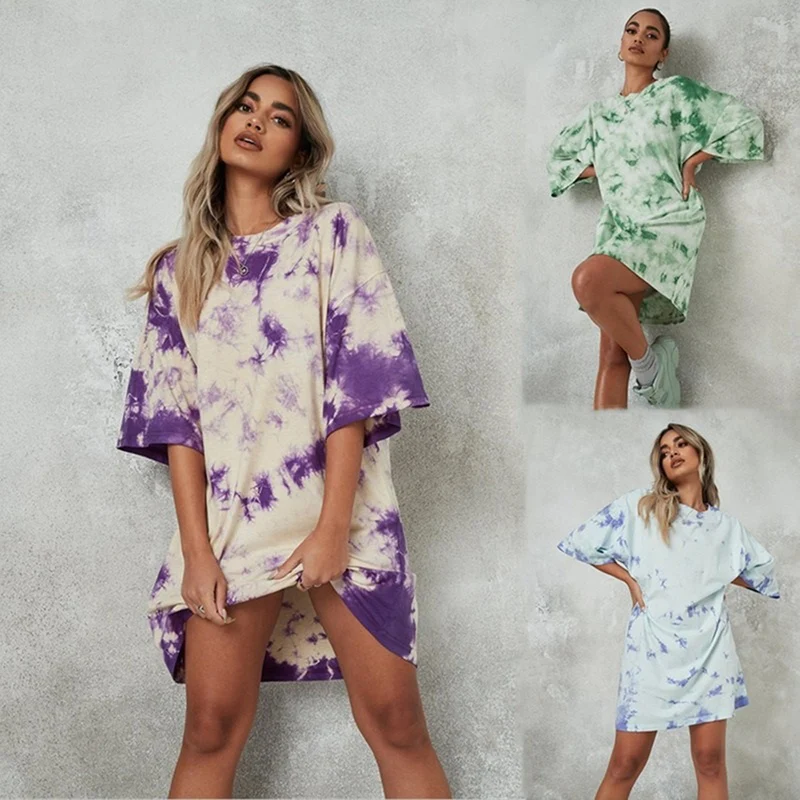 

2021 Women's Summer Dress Shirt Tie Dye Print Loose T-shirts with Short Sleeve Ladies Tops X-long Female Clothing