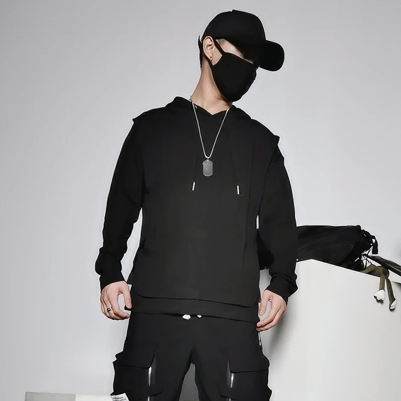 Men's Long Sleeve Hoodie Spring And Autumn New Black And White Collision False Two Design Loose Fashion Irregular Men's Wear