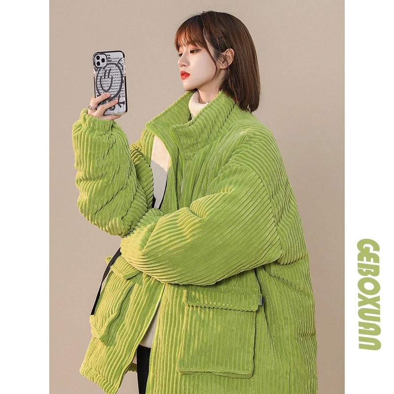 

Вельветовое пальто с хлопковой подкладкой, женское свободное зеленое пальто с воротником-стойкой и длинным рукавом, женская зимняя однотон...