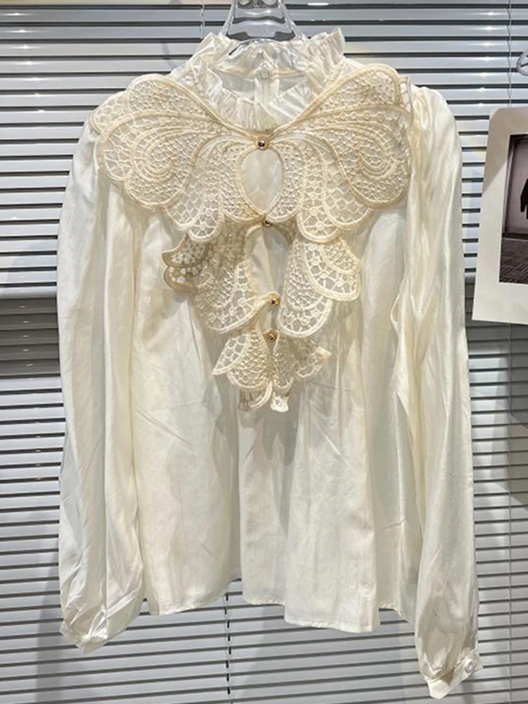 

2022 модная дизайнерская Весенняя женская рубашка с бабочкой и вышивкой из бисера, черный кремово-белый элегантный топ