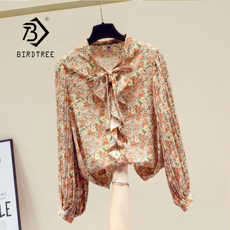 

Lantern Sleeves Women Blouses Chic Bowtie Floral Printed Workwear Shirts Tops 2021 Spring and Autumn T12101X