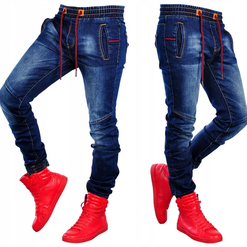 Men's New Large-Size Jeans Elasticize Waist Tie Slim Casual Classic Blue Waist Stretch Joinable Fashion Simple Jeans Pants