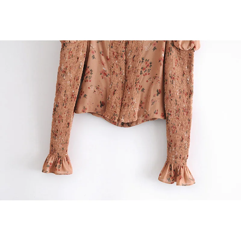 

Spring Autumn 2021 Women Vintage Square Collar Single Breasted Za Long Puff Sleeve Elastic Short Blouse Female Print Slim Tops