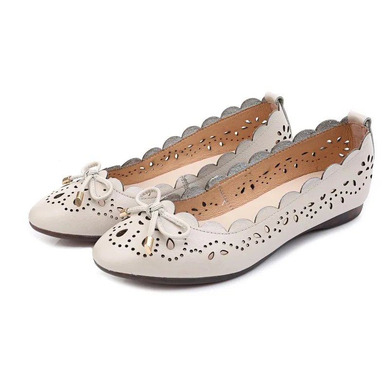 

Plus Size 35 To 42 Genuine Leather Sandals Women Flat Shoes Summer Footwear Hollow Hole Lady Shoes Ballet Flats